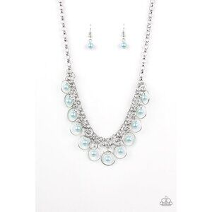 Paparazzi Party Time Blue Pearls Silver Hoops Fringe Collar Necklace Earrings